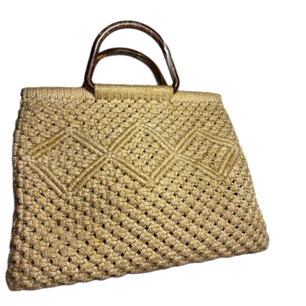 Rattan Hobo Purse Oatmeal Color Lined Tortoiseshell Handles  Pockets Hinge Close